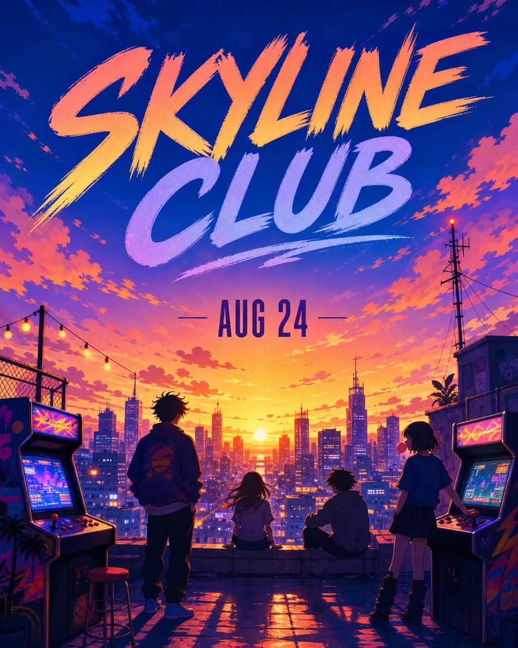 An original anime-inspired rooftop arcade poster with a glowing city skyline at sunset.