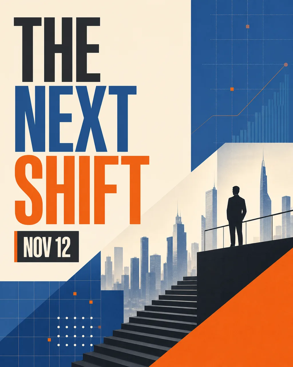 A business conference poster with an architectural silhouette, blue grid, and orange accents.