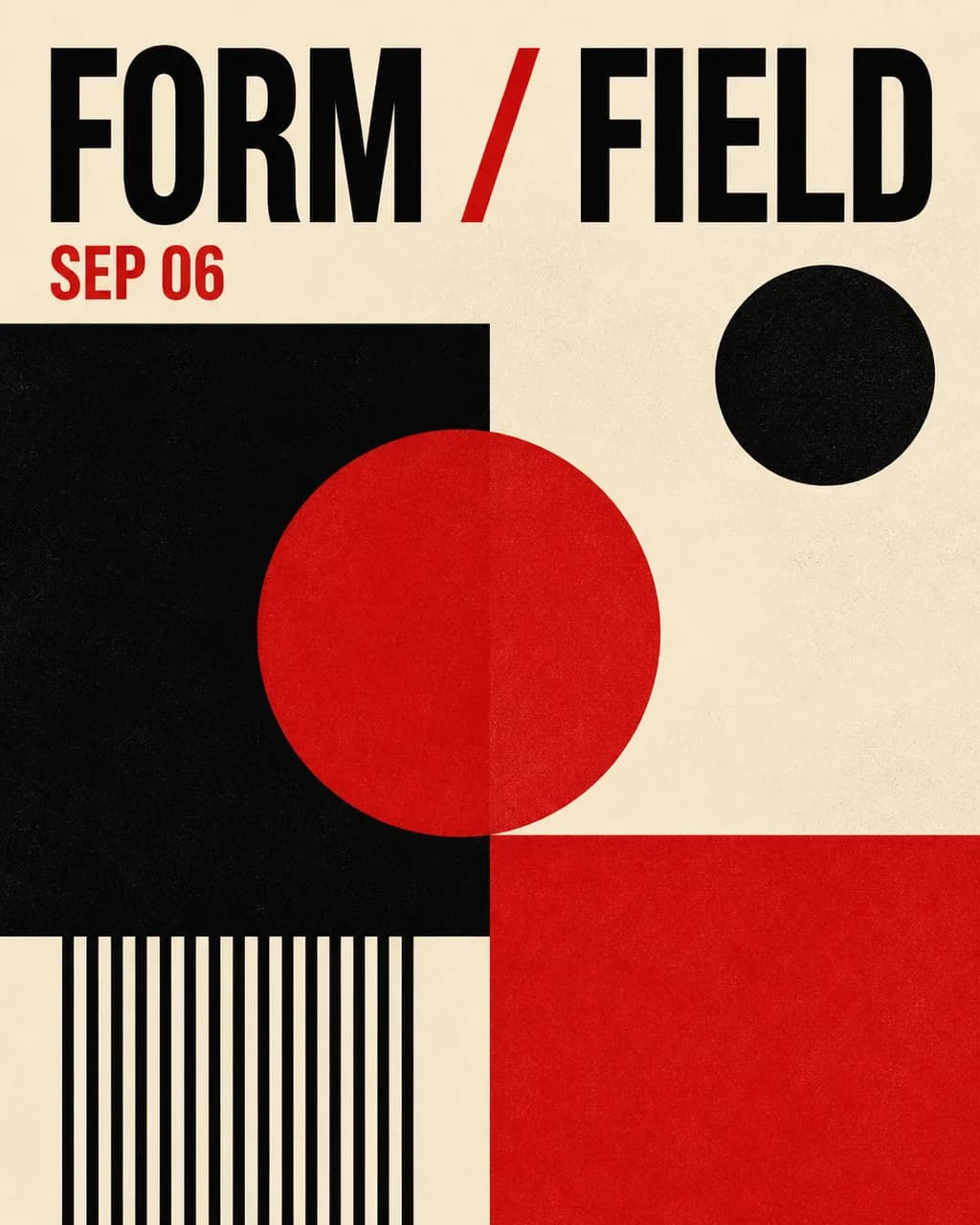 A minimalist design exhibition poster made from black and red geometric forms on cream paper.