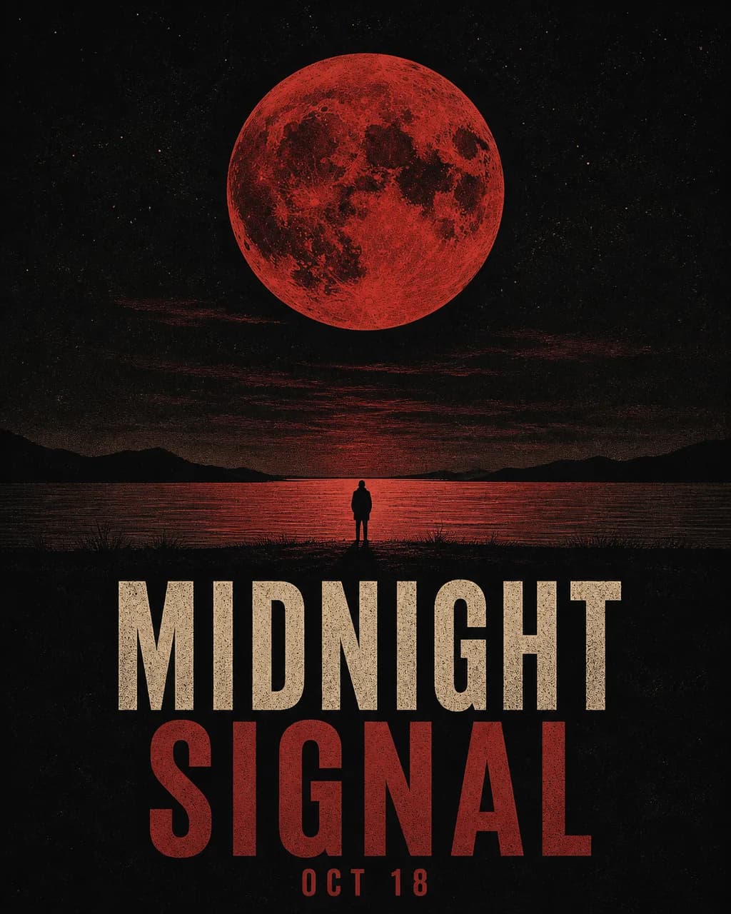 A black, cream, and red independent film poster with a lone figure beneath a red moon.