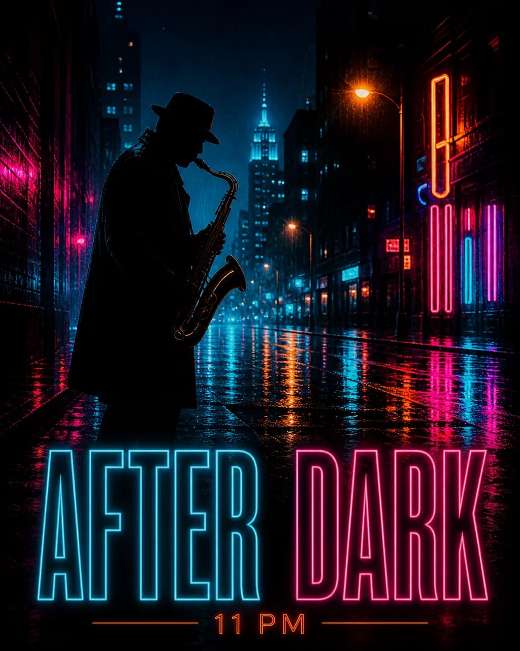 A neon jazz poster showing a saxophone player on a rainy city street with cyan and magenta lights.