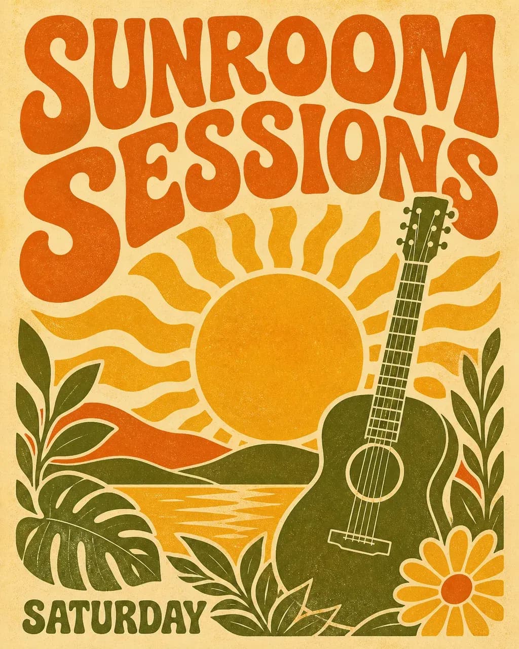 A vintage screen-printed live music poster with a sun, guitar, flowers, and warm paper grain.